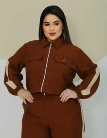 Plus Size Tailored Set With Tie-Front Fabric, Gathered Waist, Zipper, Women's Plus Size Evening, Holiday, Vacation, Daily Travel, Airport Wear, Autumn/Winter - 駝色 - 查看 2