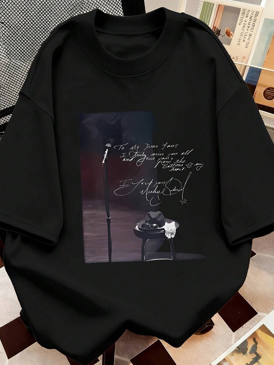 Casual T-shirtCamiseta de manga corta estilo retro, Camiseta con diseño de telón de cortesía de escenario del Rey del Pop, Top vintage de la década de 1980 y 1990, estilo casual urbano, cuello redondo, estilo hip-hop americano, camiseta para fanáticos de la música, perfecta para uso diario, festivales de música, conciertos, atuendos retro100% CottonDurable - Negro - Ver 1