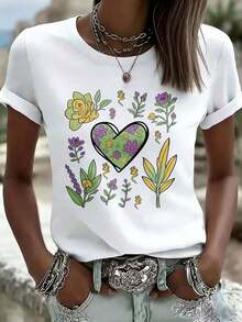 Camiseta Blanca de Mujer con Diseño Floral de Corazón, Estilo Boho, Estampado Gráfico, Top Casual de Verano, Camiseta de Algodón para Combinar en Familia - Blanco - Ver 3