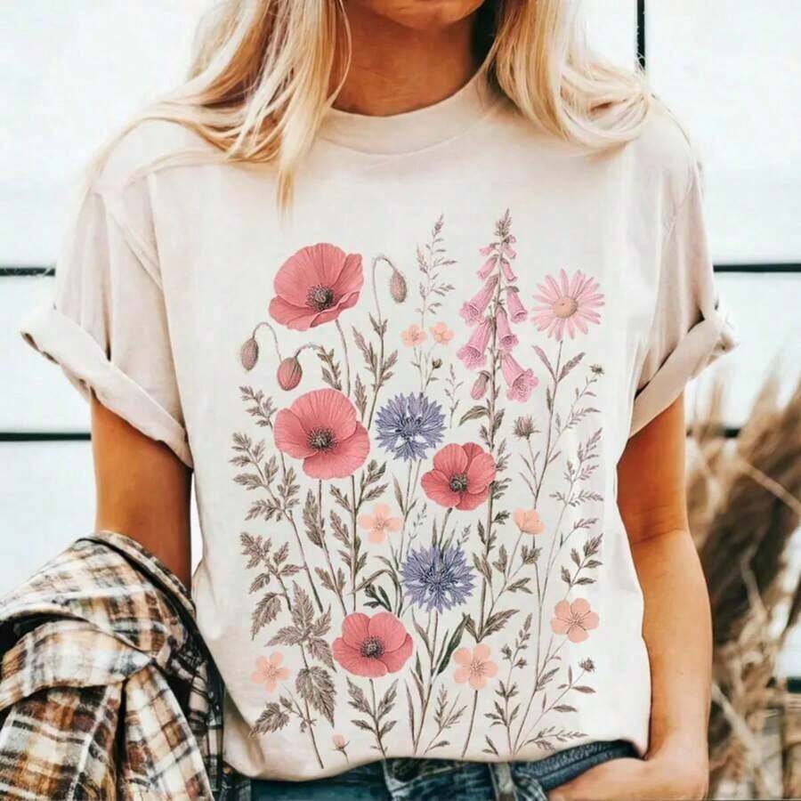 Camiseta Vintage con Diseño Botánico de Flores Silvestres Británicas - Camiseta Casual Suave, Regalo para Amantes de la Naturaleza, Perfecta para Senderismo, Comodidad Diaria - Estilo Urbano Vintage, Camiseta Unisex de Manga Corta de Algodón Suelto con Cuello Redondo, blusas para mujer. blusas.blusas casuales para dama. - Albaricoque - Ver 1