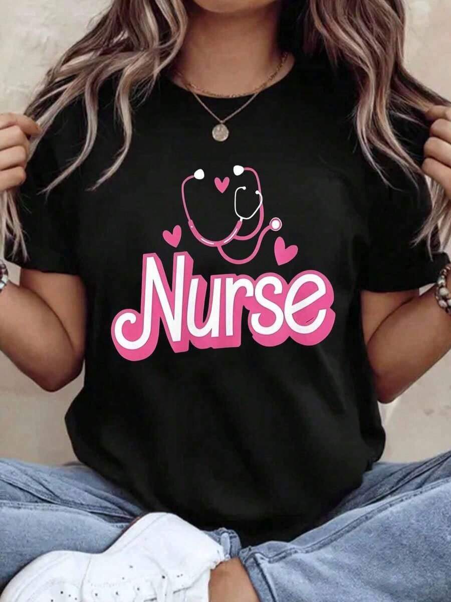 Nurse T-Shirt With Stethoscope And Hearts Design For Nurses And Healthcare Workers, Gift For Nurses Day Or Valentine's Day, 220g - Urban Vintage Style, Unisex, Cotton, Short Sleeve, Crew Neck, 100% Cotton - 黑色 - 查看 1