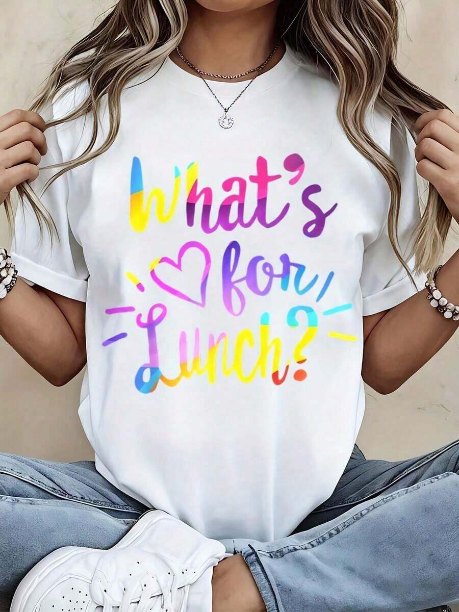Camiseta Casual Blanca de Manga Corta con Estampado Colorido "¿Qué hay para el almuerzo?" y Diseño de Corazón, Ropa Casual para Mujer - Blanco - Ver 1