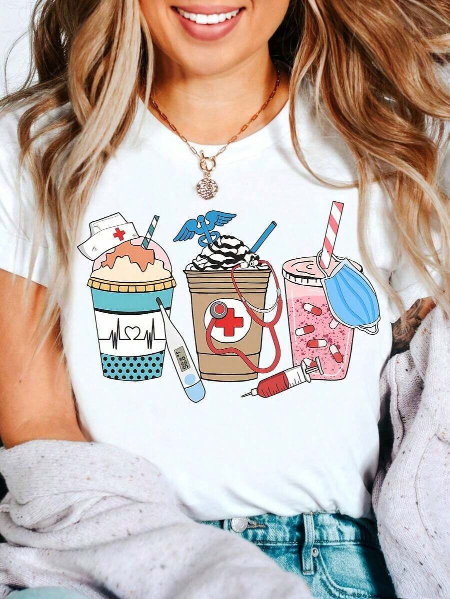 Cómodo Camiseta de agradecimiento para enfermeras y doctoras - Regalo con estampado de café para trabajadores de la salud, camiseta casual de manga corta y cuello redondo, lavable a máquina, para todas las estaciones, ideal para el Día de la Enfermera y el personal, playeras de mujer algodon, blusa casual mujer, mujer - Blanco - Ver 1