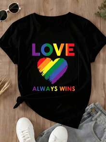La Amor Siempre Gana - Camiseta con Estampado de Corazón Arcoíris para Atuendos Casuales y Deportivos - Estilo Urbano Vintage Unisex, Camiseta de Manga Corta de Algodón Suelto con Cuello Redondo, 100% Algodón - Negro - Ver 3