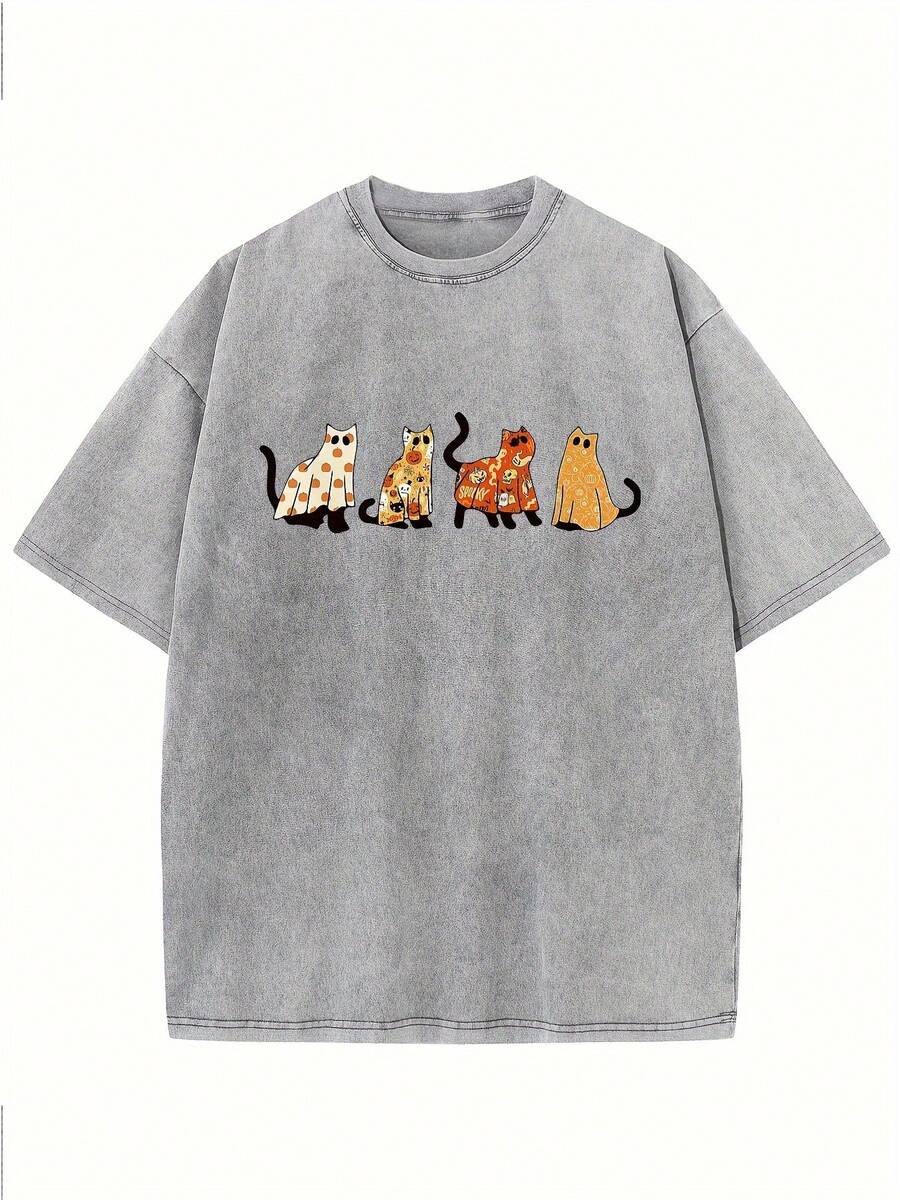 Men's And Women's Short-Sleeved Cotton T-Shirt With A Colorful Halloween-Themed Cat Print, Soft, Comfortable And Breathable. - 灰色 - 查看 1