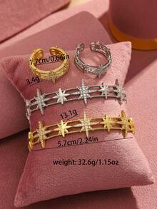 2pcs Fashionable & Elegant Gold/Silver Circular Cubic Zirconia Adjustable Star Bangle & Ring Set, Suitable For Women's Daily Wear, Dates, Parties - Gold - View 5
