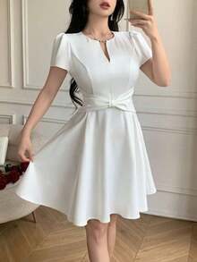 Vestido elegante con diseño de lazo para ceñir la cintura, estilo francés para mujeres - Blanco - Ver 4
