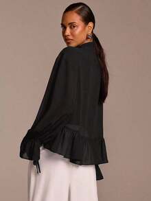 Camisa de manga larga con volantes rosa para mujer con pañuelo de gasa anudado, blusa elegante y casual de estilo romántico bohemio con volantes transparentes - Negro - Ver 2