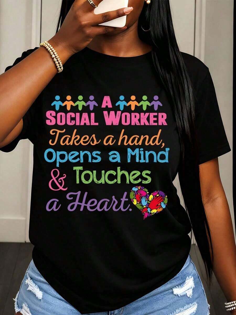 Women's T-Shirt: Social Worker Takes A Hand, Opens A Mind, And Touches A Heart. Colorful Design With People And Heart Icons For Social Workers And Mental Health Advocates. - 黑色 - 查看 1