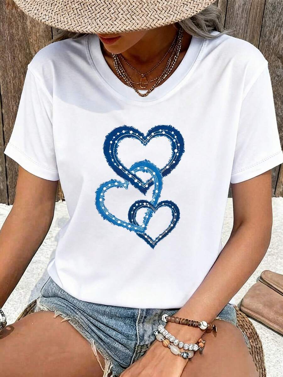 Women's T-shirt Top de manga corta para mujer, con estampado gráfico de corazón 2D, cuello redondo ajustado, estilo veraniego. - Blanco - Ver 1