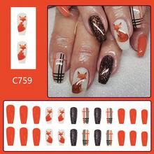 Medium-Length Glossy Ballet Nails, Fashionable Autumn And Winter Wearable Manicure, Cute Fox Shiny Black Glitter Stripe Nail Tips, 24 Pieces - C759 - 查看 3