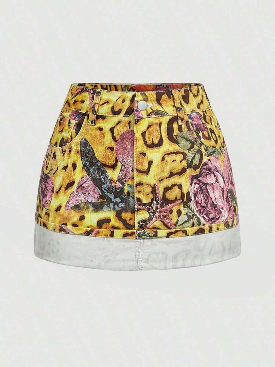 MOD Minifalda de mezclilla casual de mujer con bloqueo de color lavado y parches - Multicolor 2 - Ver 1