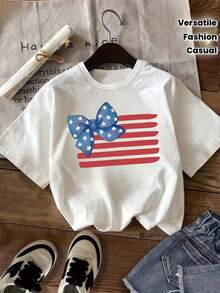 Camiseta de Verano para Niñas, Estilo Casual y a la Moda, con Estampado de Lazo Estilo Acuarela y Bandera Nacional, Ropa Elegante y Versátil para Niñas, Camiseta Deportiva Casual de Tela Suave y Cómoda para Niñas. - Blanco - Ver 1