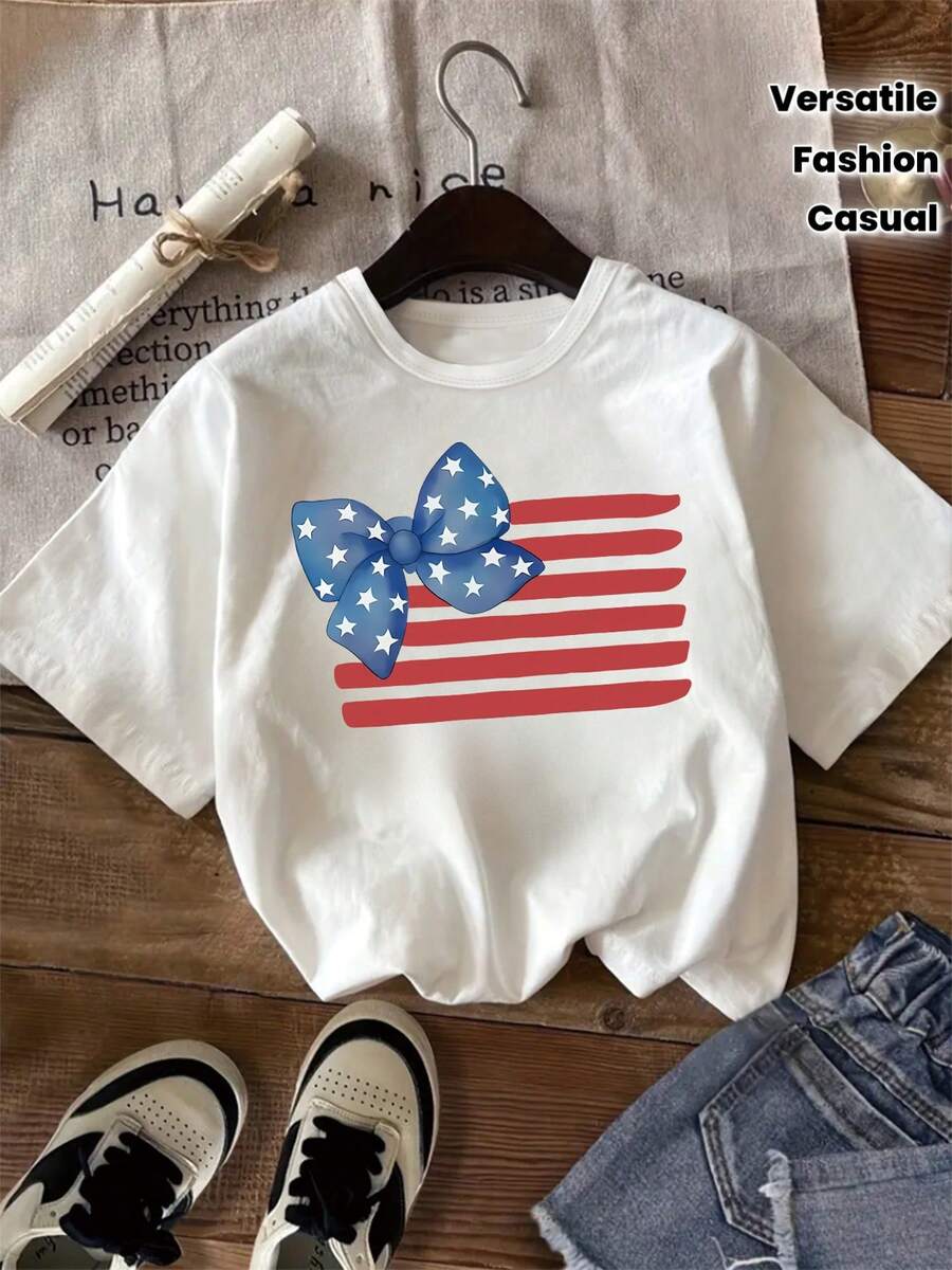 Camiseta de Verano para Niñas, Estilo Casual y a la Moda, con Estampado de Lazo Estilo Acuarela y Bandera Nacional, Ropa Elegante y Versátil para Niñas, Camiseta Deportiva Casual de Tela Suave y Cómoda para Niñas. - Blanco - Ver 1