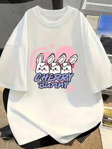 Camisa casual minimalista, nueva camiseta de manga corta con hombros caídos para mujer, estilo oversized, primavera/verano, camiseta blanca de manga corta con estampado de corazón de conejito y cerezas para el Día de San Valentín, estilo dulce y femenino, ropa urbana llamativa, top femenino y enérgico, blusas para mujer. - Blanco - Ver 7