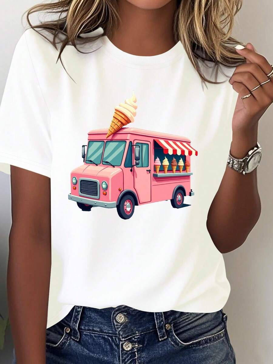 Camiseta Gráfica 100% Algodón para Mujer – Camiseta Casual de Manga Corta con Cuello Redondo y Estampado Floral y de Letras blusas para mujer - Blanco - Ver 1