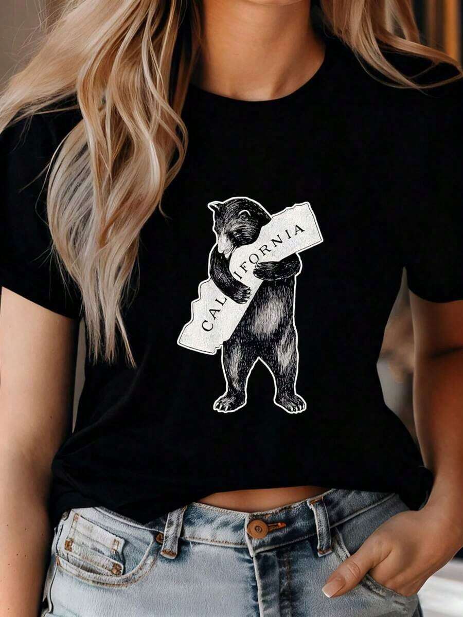 2026 Camiseta I Love California Estilo Retro Vintage con Oso de California - Blusas para Mujer Casual - Negro - Ver 1