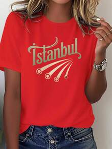 Camiseta de Mujer de Algodón Puro con Diseño Vintage de Estambul - Top casual cómodo en color verde, con un diseño inspirado en la cultura, adecuado para uso diario informal y vestimenta cultural, lavable a máquina y apto para todas las estaciones. - Rojo - Ver 7