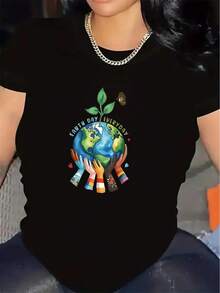1 camiseta de manga corta para el Día de la Tierra, hecha de fibra, con un diseño global, ligera y duradera, perfecta para actividades al aire libre, uso en casa u oficina, ajuste cómodo con estampados brillantes, 180g 100% algodón. - Negro - Ver 1