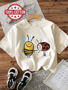 Playeras de mujer, estilo cartoon, estampado de abeja y mariquita, camiseta de manga corta con cuello redondo, blusas casuales para dama. - Albaricoque - Ver 1