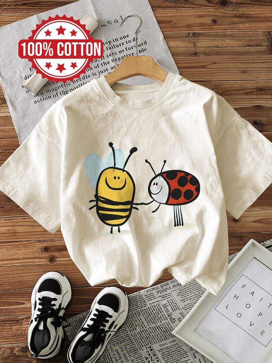 Playeras de mujer, estilo cartoon, estampado de abeja y mariquita, camiseta de manga corta con cuello redondo, blusas casuales para dama. - Albaricoque - Ver 1