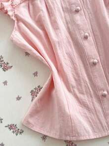 Camisa regular de mujer de verano de algodón puro rosa con cuello Peter Pan, mangas de pétalo y adorno floral bordado - Negro - Ver 5