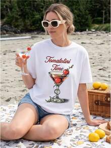 Women's% Cotton Funny Cocktail-Shirt Crew Neck Tomato Lover Foodie Aesthetic Retro Print Tee Summer Casual & Bar Humor Looks - White - View 3