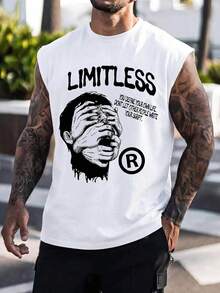Áo tank top không tay nam Fractyr LIMITLESS Graffiti Portrait in hình khẩu hiệu truyền cảm hứng, màu trắng, phong cách đường phố thường ngày, thời trang thể thao, tập luyện mùa hè. - trắng - Xem 2