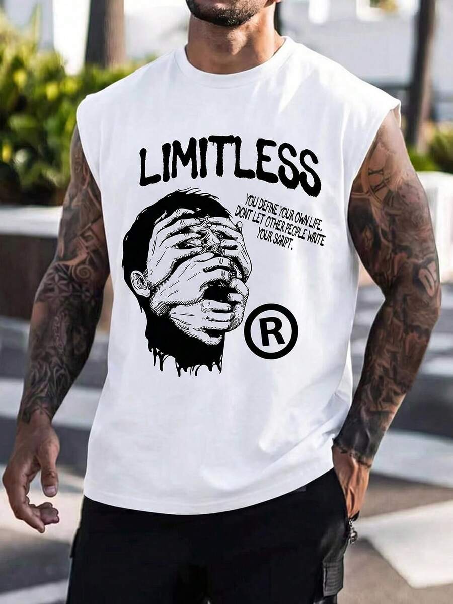 Fractyr 男士 LIMITLESS 涂鸦肖像励志标语印花无袖背心,白色休闲街头风时尚运动健身夏季背心 - 白色 - 查看 1