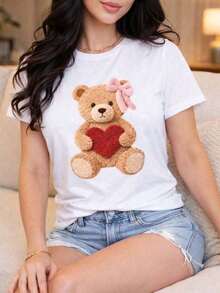 playeras de mujer algodon Camiseta de mujer de cuello redondo con estampado de oso de peluche con corazón rojo, estilo curativoSuitable for spring, summer and autumnmaija >ropa - Blanco - Ver 6