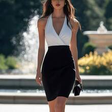 Vestido Bodycon Cintura Alta Halter Espalda Descubierta Estilo Chic Francés Bloque de Colores Blanco y Negro Verano - Negro - Ver 3