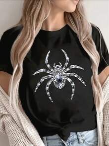 Lightweight And Durable Short-Sleeved T-Shirt With A Sparkly Spider Design, Perfect For Casual Wear, Halloween Celebrations, Or Everyday Outfits, Offering A Comfortable Wearing Experience For Women. Elegant Party Outfit, Stylish Ladies' T-Shirt, Blouses Suitable For Curvy Women, Prom Skirts, Casual Wear. Adorable Animal Print, Fun Letter Print. - 黑色 - 查看 7