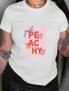 Camiseta de Mujer con Estampado Just Peachy, Camiseta de Manga Corta con Cuello Redondo, Estilo Casual, Adecuada para Verano y Primavera, Ropa de Mujer, Tops para Mujer. - Blanco - Ver 1