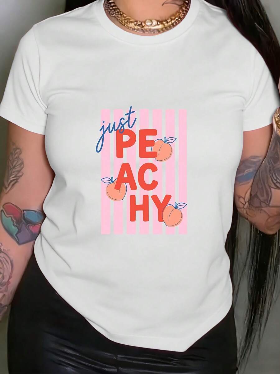 Camiseta de Mujer con Estampado Just Peachy, Camiseta de Manga Corta con Cuello Redondo, Estilo Casual, Adecuada para Verano y Primavera, Ropa de Mujer, Tops para Mujer. - Blanco - Ver 1