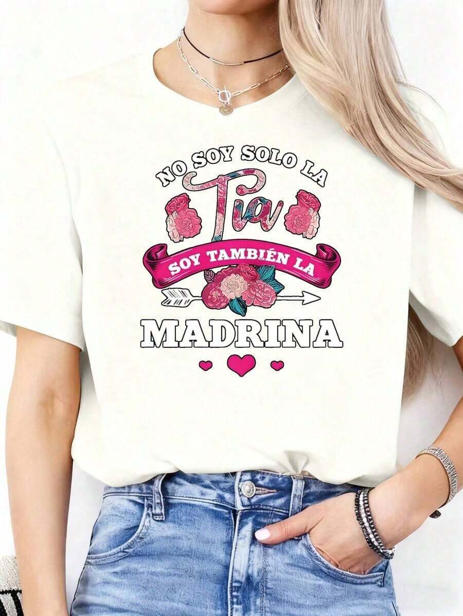 Camiseta vintage de algodón: No soy tía, también soy madrina. Camiseta Estampada en Español 'Identidad de Madrina' Estilo Familiar Acogedor para Mujer, Manga Corta, Cuello Redondo, Top Casual para Primavera y Verano para Uso Diario - Blanco - Ver 1