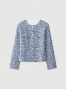 Women's Long Sleeve Metal Button Design Elegant Belted Tweed Jacket Vacation - Blue - View 1