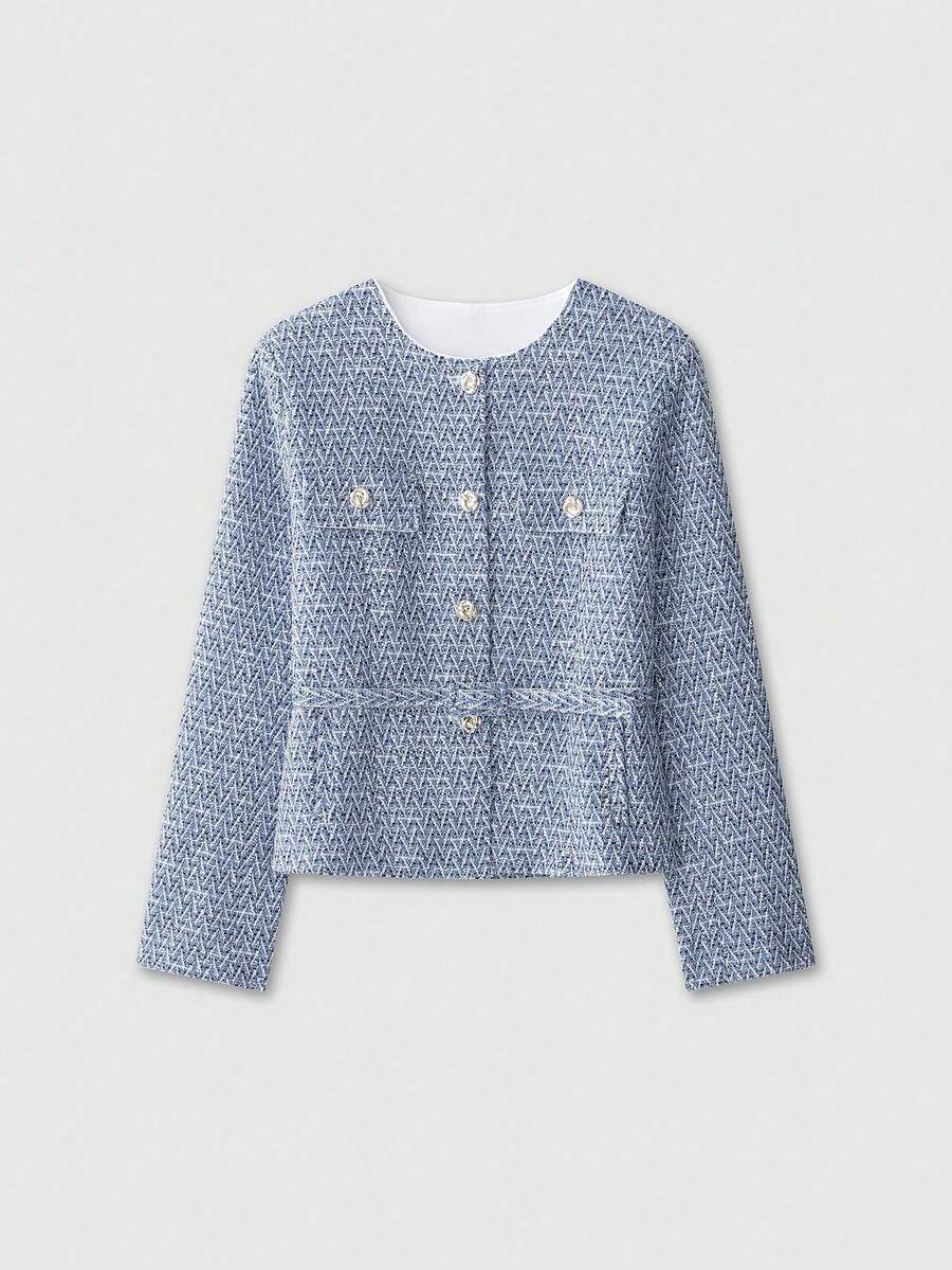 Women's Long Sleeve Metal Button Design Elegant Belted Tweed Jacket Vacation - Blue - View 1