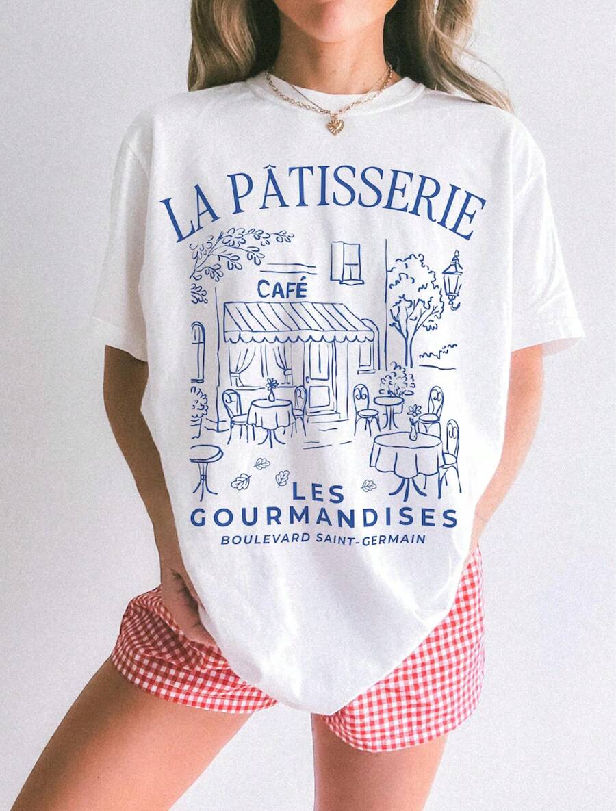 Graphic Tees Women, La Patisserie Shirt, French Cafe Graphic Tee, Paris Bakery Aesthetic Casual Tee - 白色 - 查看 1