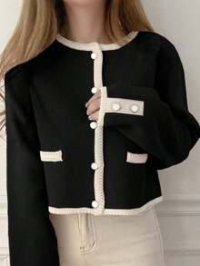 Cárdigan casual de ajuste ceñido con cuello redondo y manga larga, con empalme de color contrastante, para otoño, ropa de mujer de temporada - Negro - Ver 3