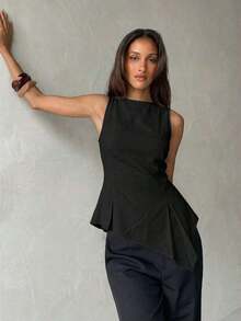 Blusa sin mangas asimétrica color caqui - Negro - Ver 8