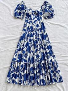 Vestido romántico de boda, estilo boho para playa y festivales de verano, con estampado de silueta de dos tonos, mangas abullonadas y volante en el bajo, color rosa y blanco - Azul y blanco - Ver 7