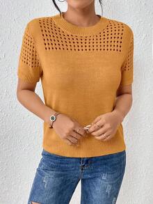 Top de punto de cuello redondo de unicolor con mangas cortas para verano, como ropa para Año Nuevo - Mostaza Amarilla - Ver 6