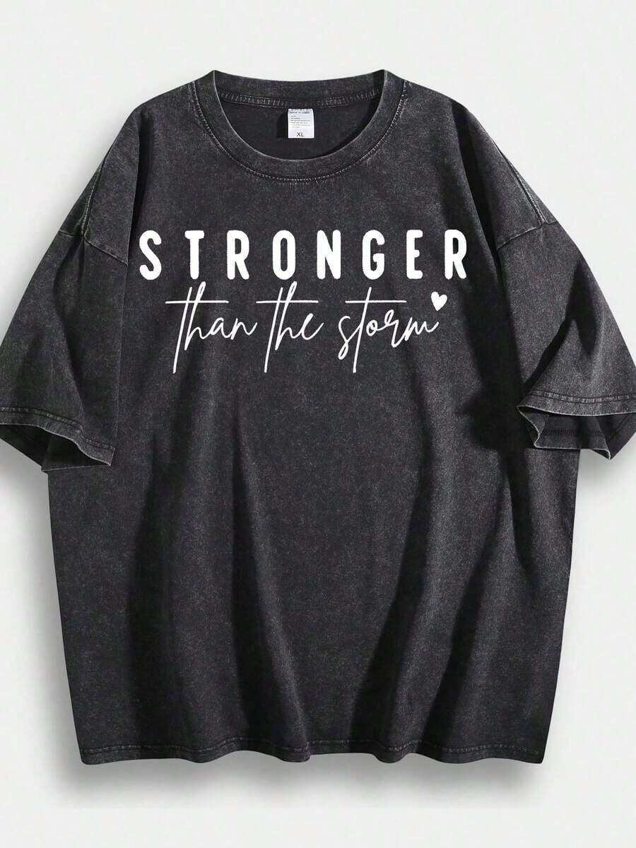 230g Washed Cotton Top With Print, American Minimalist Retro Style, T-Shirt With Inspirational Slogan Print In English, Washed Black, With Worn Finish, Which Disguises The Figure And Stylizes, Short Sleeve For Women. - 黑色 - 查看 1