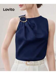 Lovito Elegant Asymmetrical Blouse With Metal Buckle For Women - Spring/Summer Navy Blue - Navy Blue - View 4