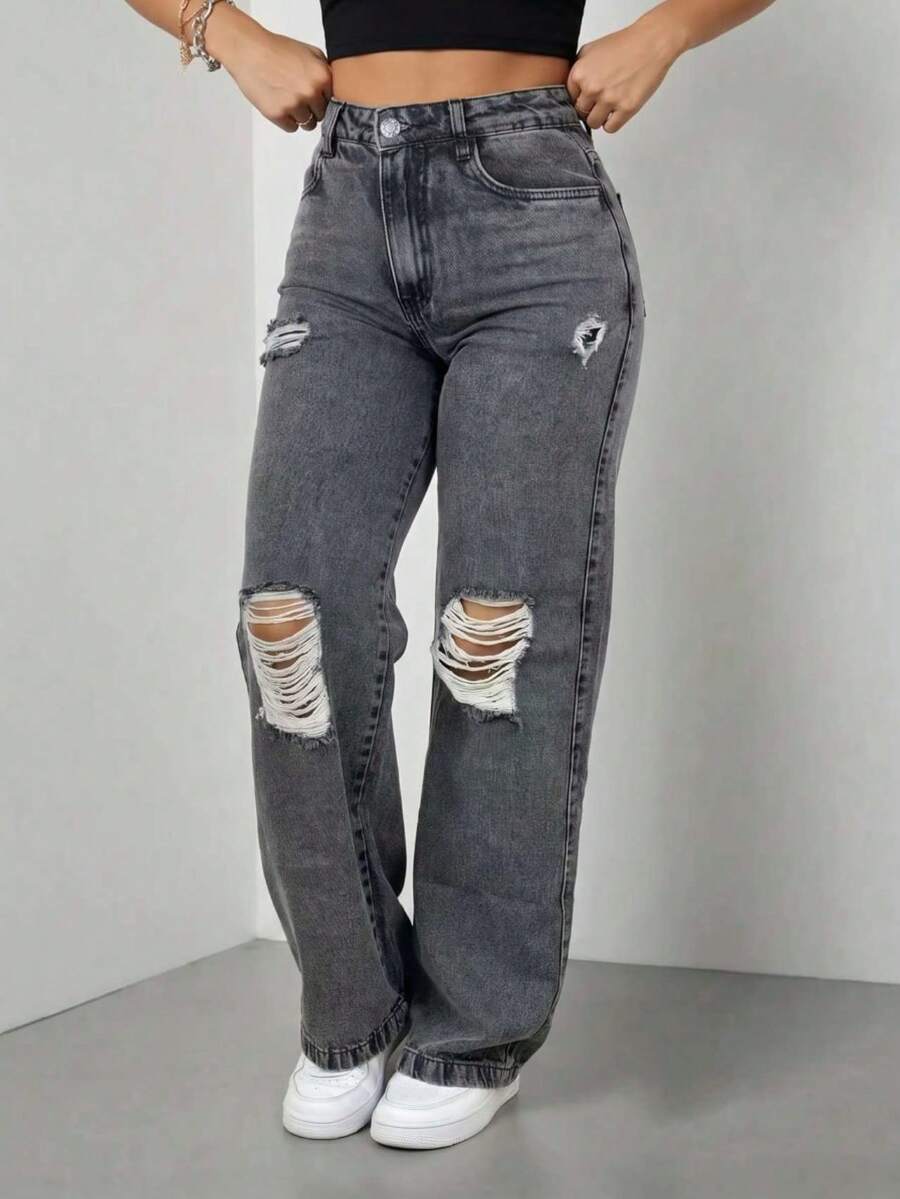 Women's Wide Leg Jeans With An Elegant Fit And High Waist - 撕碎的瓶子 - 查看 1