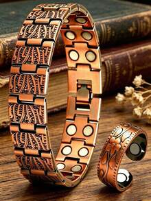 1 Set Vintage Fashionable Adjustable Double-Row Magnetic Bracelet + Ring For Men, Gift Box Packaging, Suitable For Daily Wear, Festivals, Etc. - Bronze - View 8