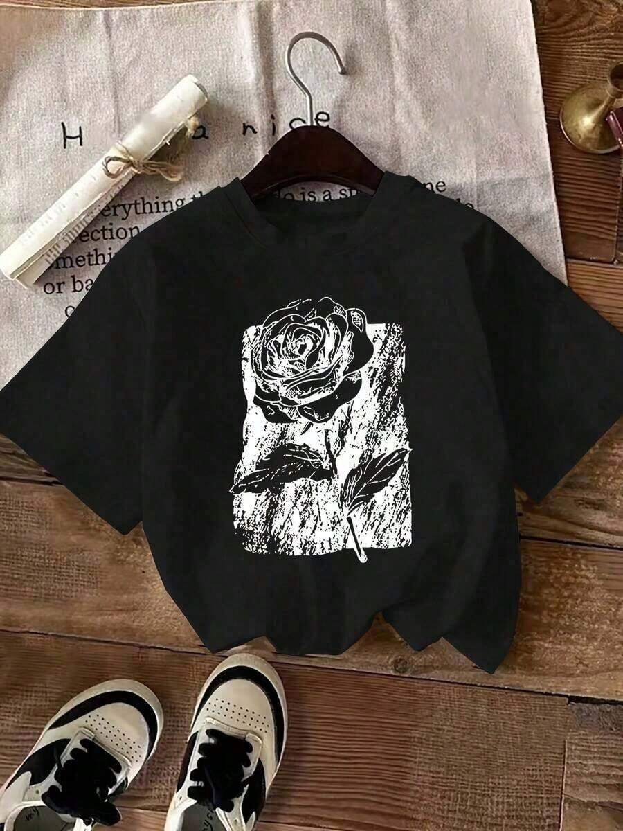 Short-Sleeve Letter Print T-Shirt, Casual Round Neck Short-Sleeve T-Shirt, Women's T-Shirts For Valentine's Day, Simple Graphic Print Summer Tops, Casual Mother's Day Gift. Suitable For Spring, Summer, And Autumn. - 黑色 - 查看 1