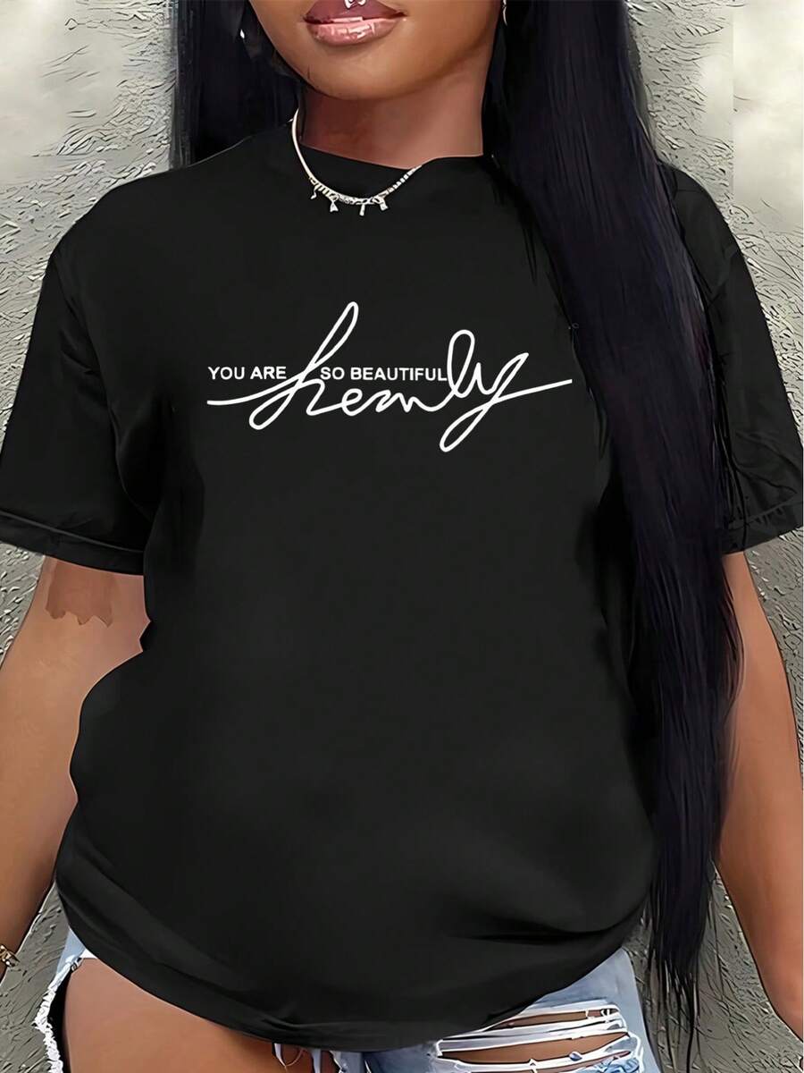 Lightweight And Durable Short-Sleeved T-Shirt With A Hand-Lettered Print That Says "You Are So Beautiful", Perfect For Casual Outings At Home, In Cafes Or During Outdoor Activities, Offering A Soft And Comfortable Everyday Wearing Experience. - 黑色 - 查看 1