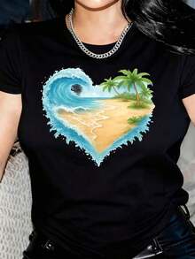 Camiseta Casual para Mujer con Estampado de Corazón, Ondas de Playa y Palmeras, Cuello Redondo, Manga Corta, Adecuada para Uso Diario al Aire Libre, Perfecta para Todas las Temporadas. - Negro - Ver 6