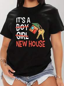 Talla - Camiseta de mujer talla con estampado una Casa Nueva - Diseño audaz de llave de casa en rojo y blanco, camiseta de cuello redondo suave y transpirable, corte holgado, casual para uso diario - Imprescindible para regalos y uso diario, regalo para casa nueva, fácil de estampar, camiseta ligera, camiseta unisex de algodón holgada de manga corta y cuello redondo estilo vintage urbano. - Negro - Ver 1